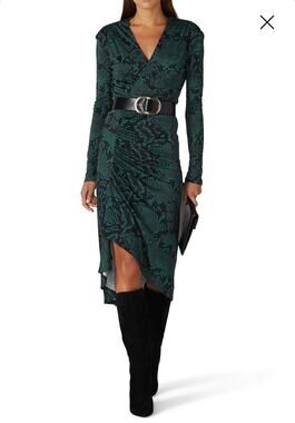 ATLEIN Green Snakeskin Printed Deep V-Neckline Fitted Sheath Dress size 38 US 6